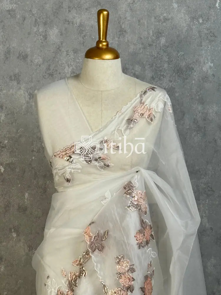 TURKISH ORGANZA APPLIQUE EMBROIDERY SAREE