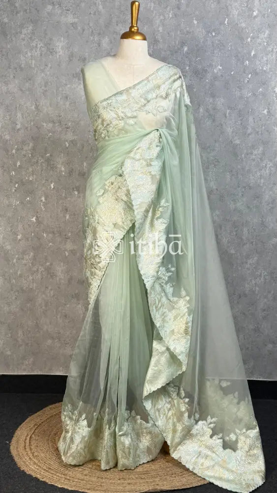 TURKISH ORGANZA EMBROIDERY SAREE - MINT GREEN
