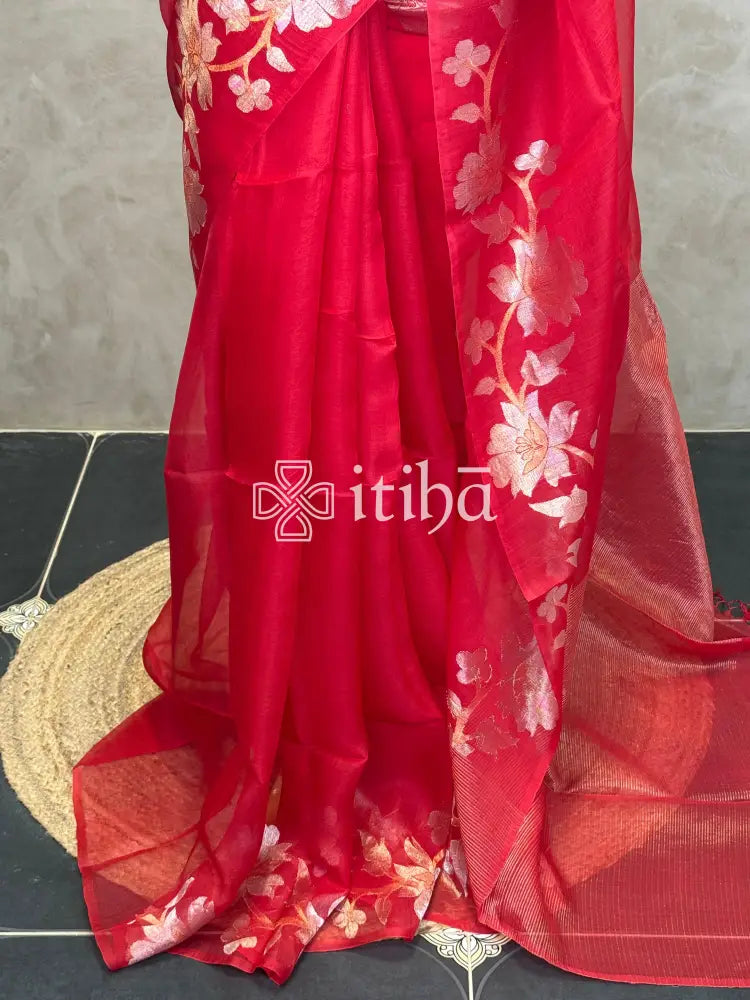 TUSSAR ORGANZA SAREE - Red