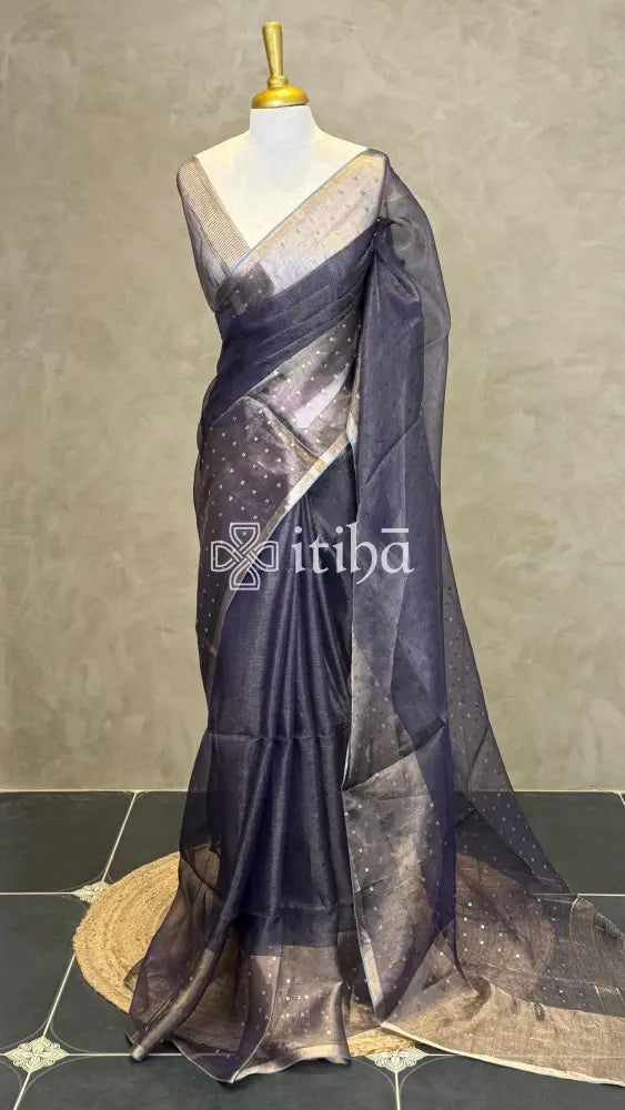 TUSSAR ORGANZA SAREE - NAVY BLUE
