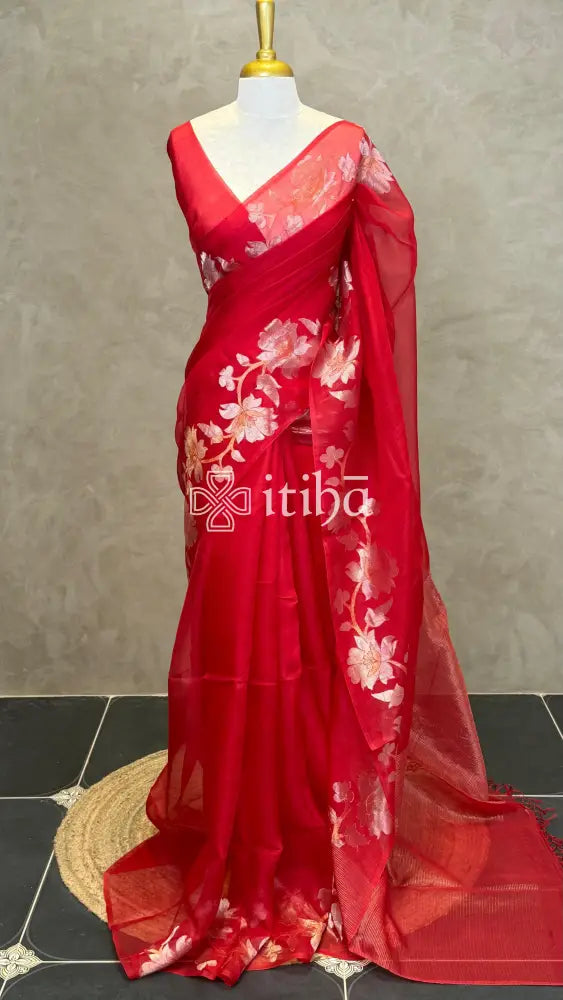 TUSSAR ORGANZA SAREE - Red