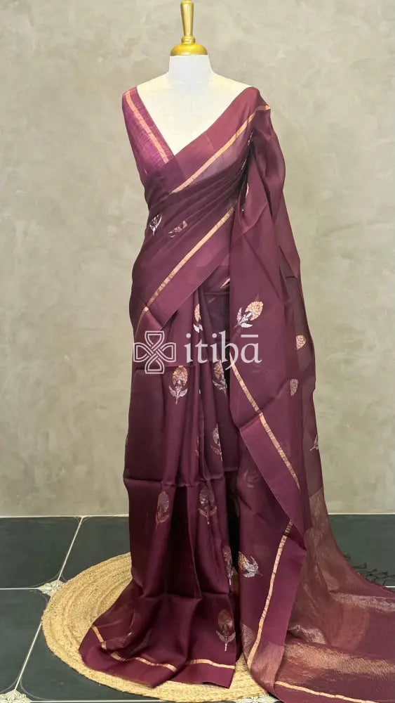 TUSSAR ORGANZA SAREE - WINE RED