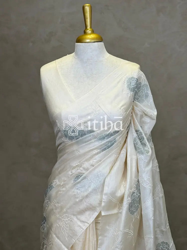 TUSSAR SILK APPLIQUE EMBROIDERY SAREE