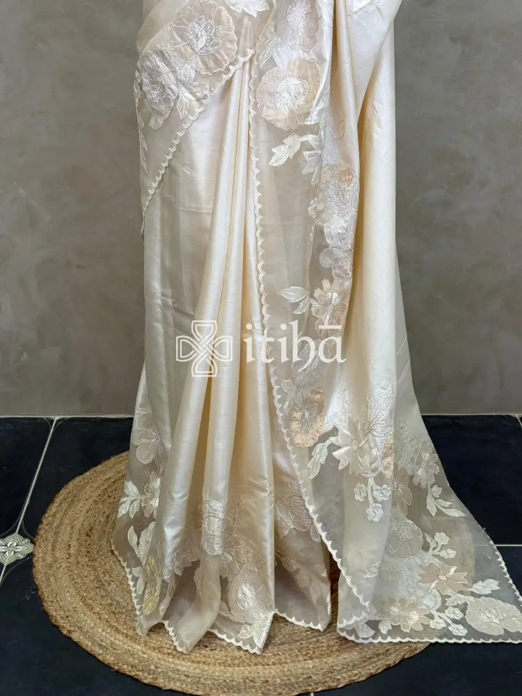 TUSSAR SILK APPLIQUE EMBROIDERY SAREE