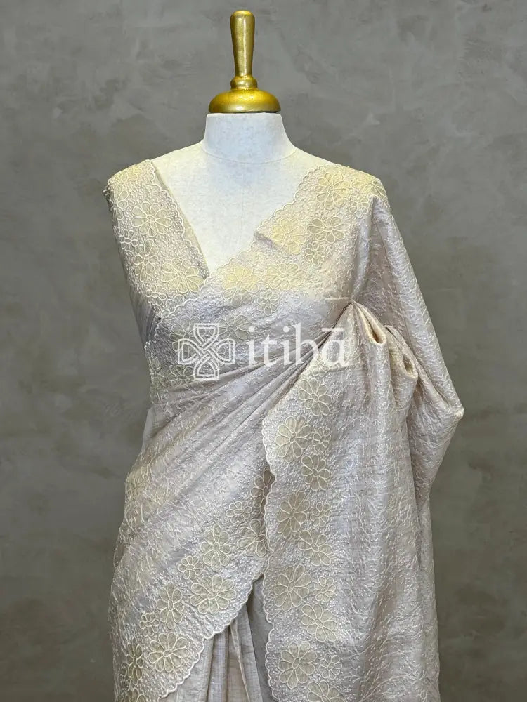 TUSSAR SILK APPLIQUE EMBROIDERY SAREE