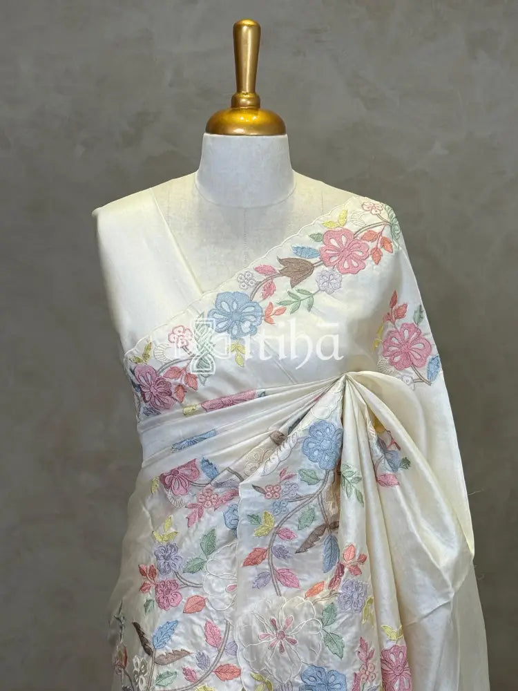 TUSSAR SILK APPLIQUE EMBROIDERY SAREE