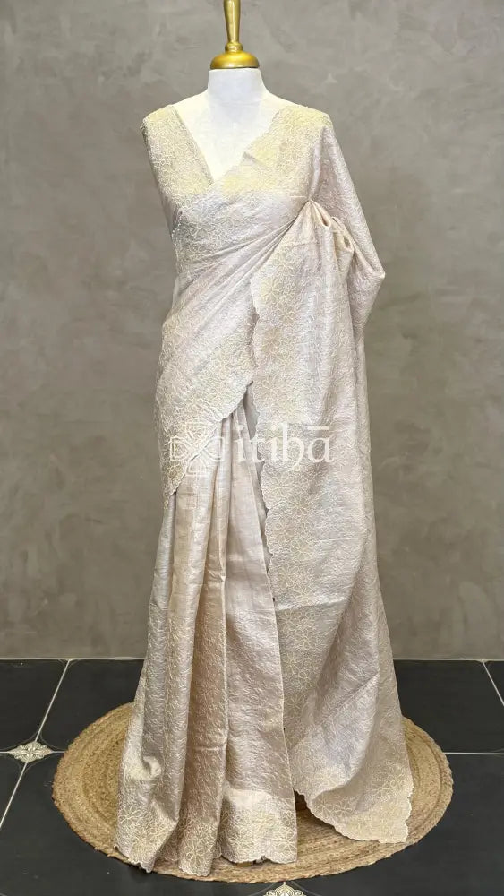 TUSSAR SILK APPLIQUE EMBROIDERY SAREE