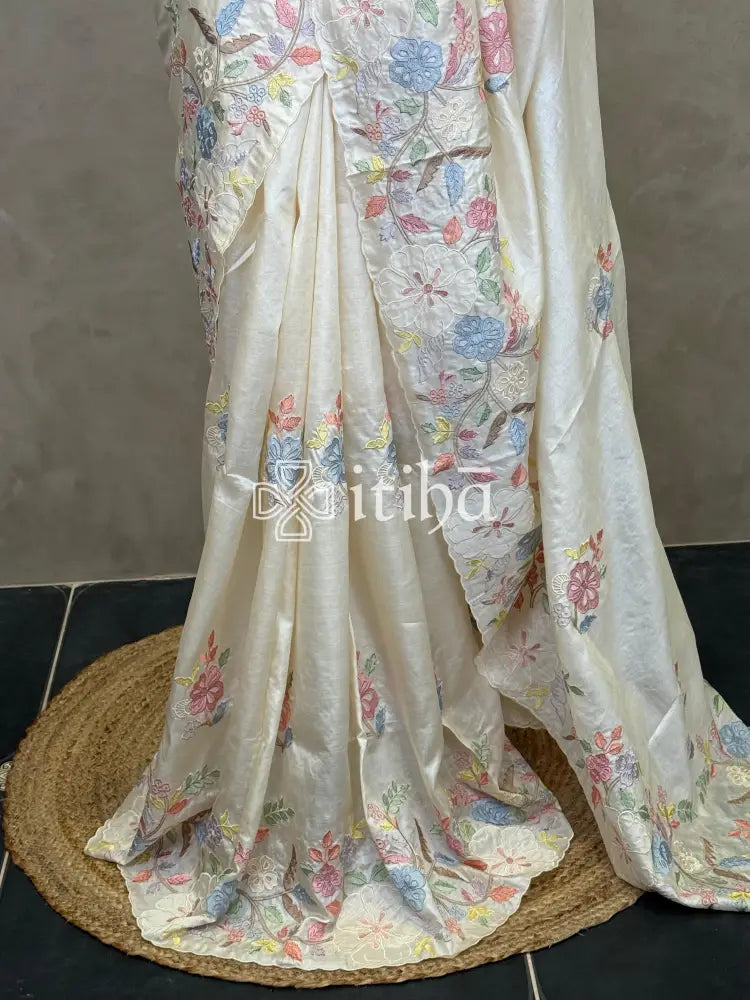 TUSSAR SILK APPLIQUE EMBROIDERY SAREE