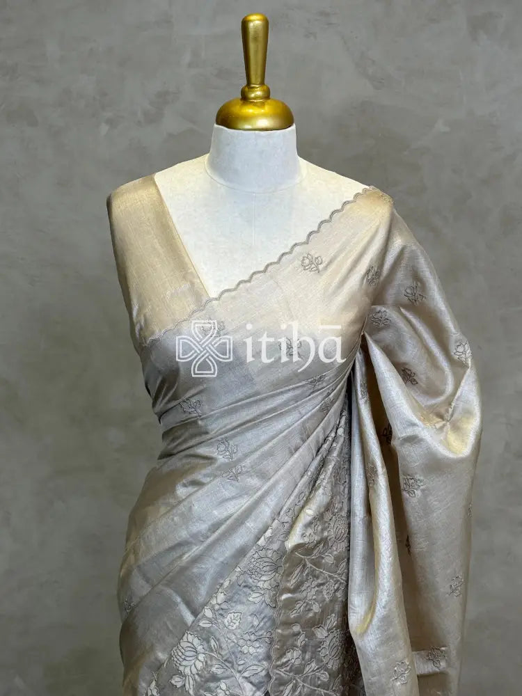 TUSSAR SILK APPLIQUE EMBROIDERY SAREE