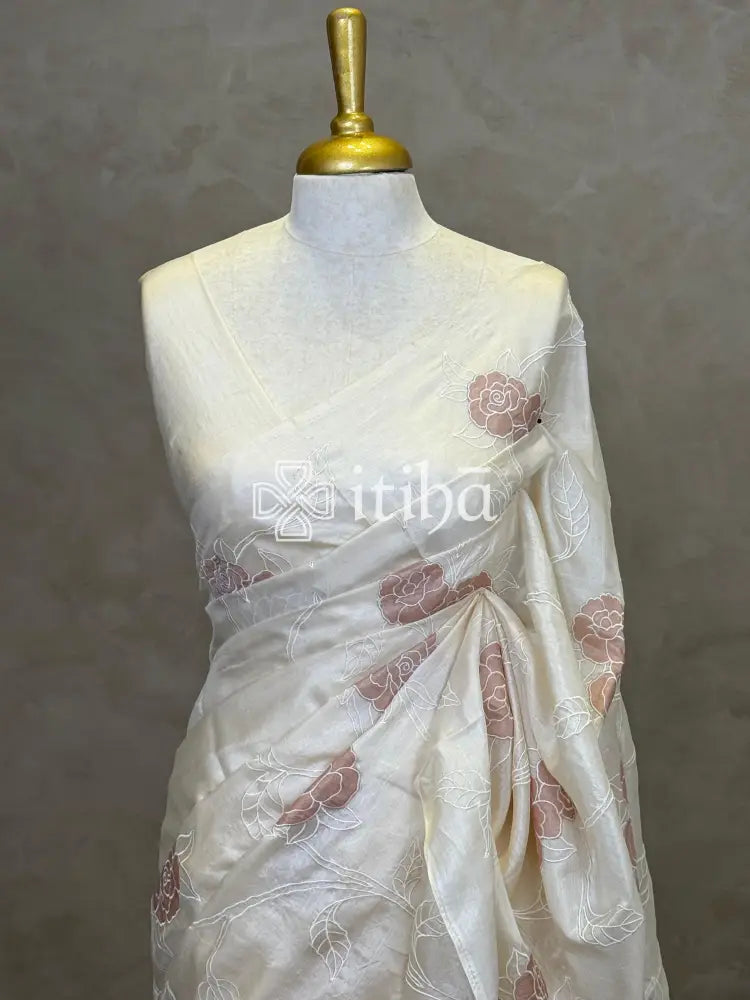 TUSSAR SILK APPLIQUE EMBROIDERY SAREE