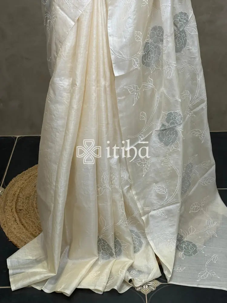 TUSSAR SILK APPLIQUE EMBROIDERY SAREE