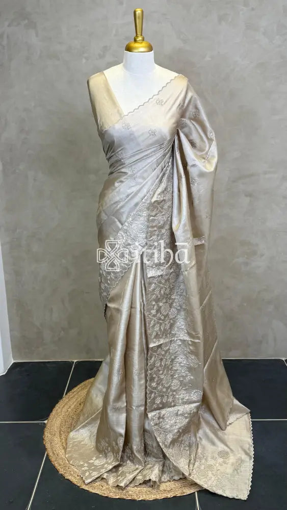 TUSSAR SILK APPLIQUE EMBROIDERY SAREE - CHAMPAGNE BEIGE