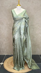 TUSSAR SILK APPLIQUE EMBROIDERY SAREE - MUTED OLIVE GREEN