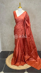 TUSSAR SILK APPLIQUE EMBROIDERY SAREE - RUST ORANGE