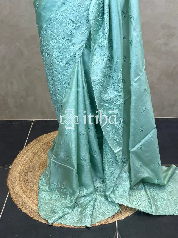 TUSSAR SILK APPLIQUE EMBROIDERY SAREE - SAGE GREEN