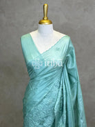 TUSSAR SILK APPLIQUE EMBROIDERY SAREE - SAGE GREEN