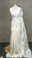 TUSSAR SILK APPLIQUE EMBROIDERY SAREE - SAGE GREEN