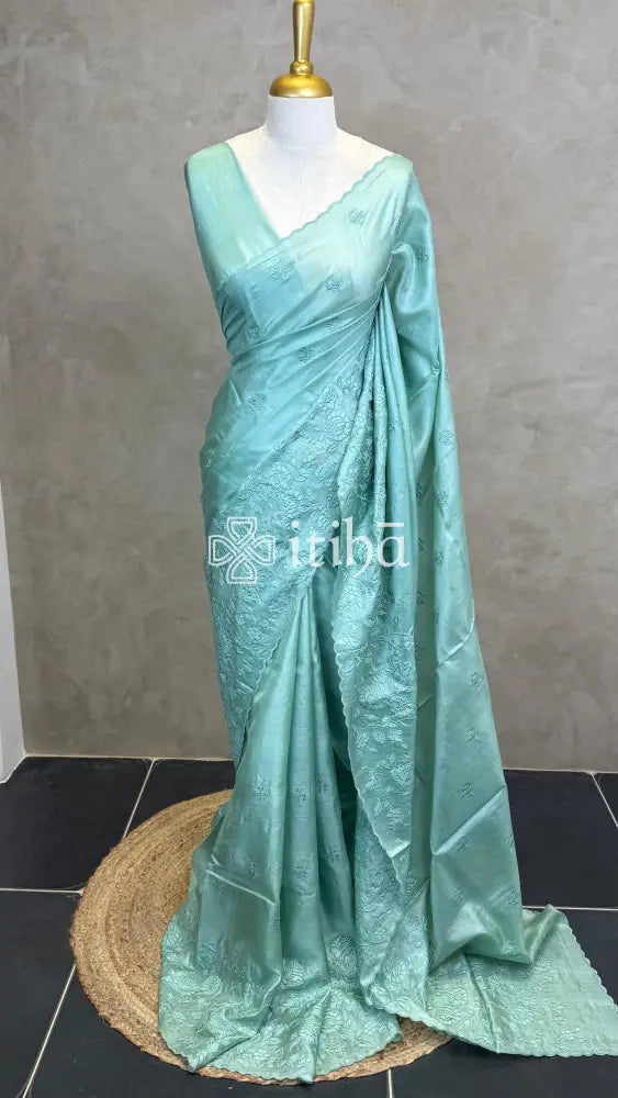 TUSSAR SILK APPLIQUE EMBROIDERY SAREE - SAGE GREEN