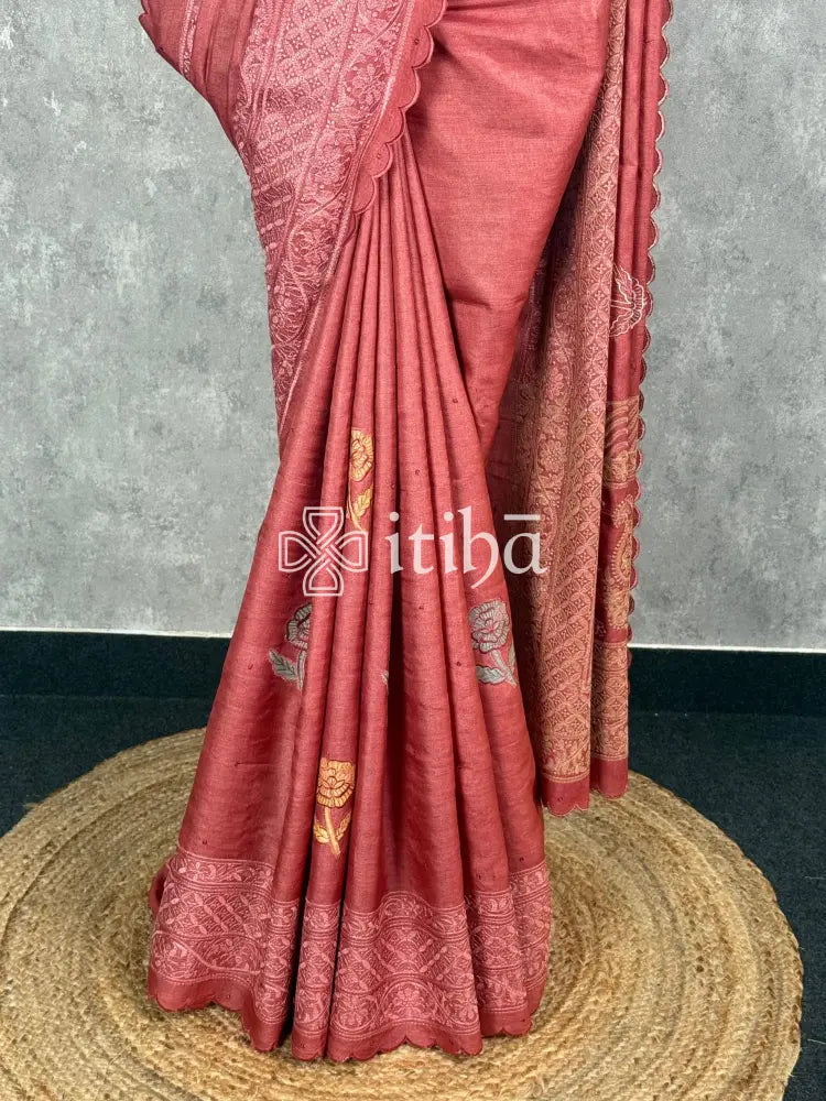 TUSSAR SILK EMBROIDERY ORGANZA SAREE