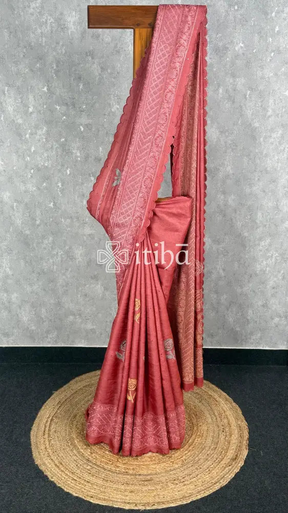 TUSSAR SILK EMBROIDERY ORGANZA SAREE