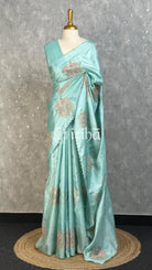 TUSSAR SILK EMBROIDERY SAREE - AQUA BLUE