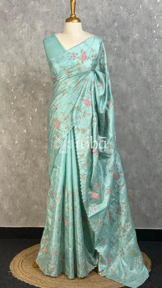TUSSAR SILK EMBROIDERY SAREE - AQUA GREEN