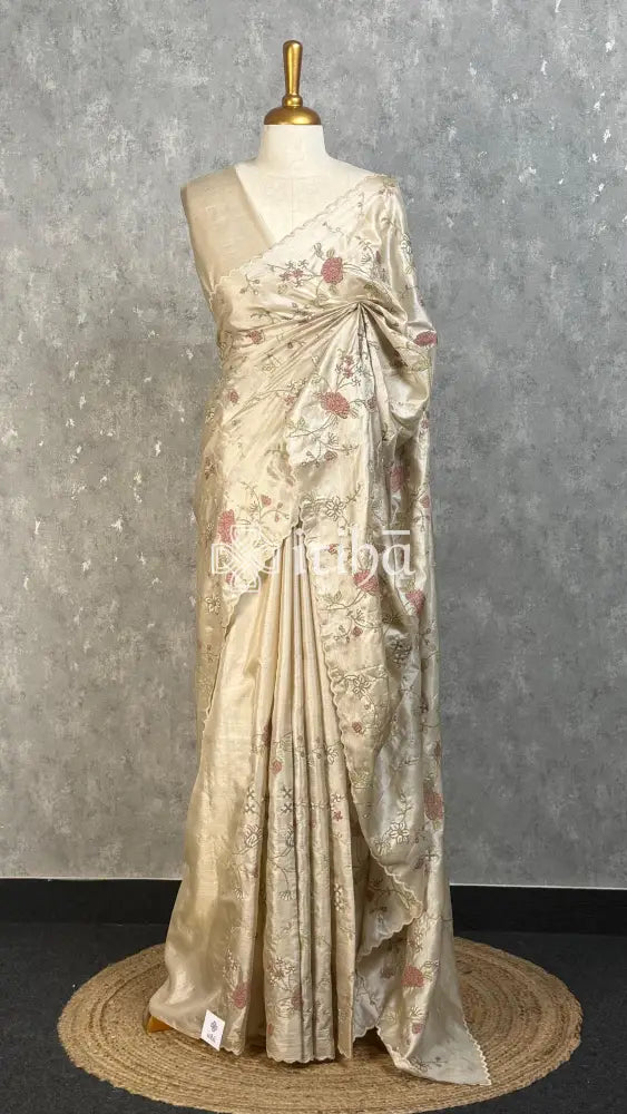 TUSSAR SILK EMBROIDERY SAREE - CHAMPAGNE BEIGE