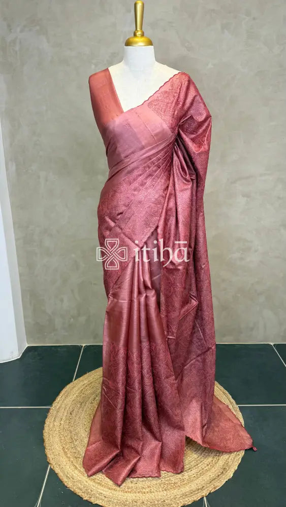 TUSSAR SILK EMBROIDERY SAREE - DUSTY ROSE PINK