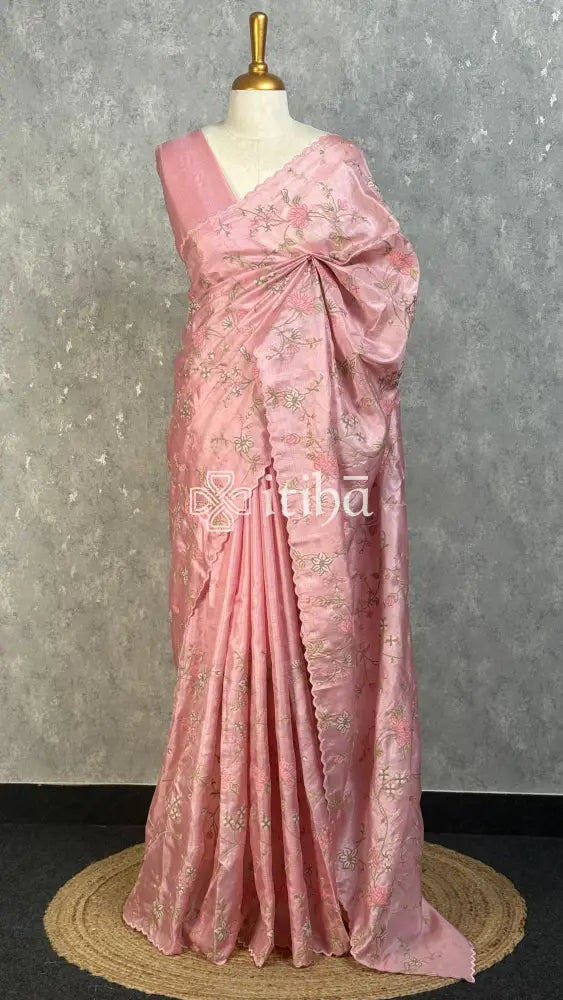 TUSSAR SILK EMBROIDERY SAREE - DUSTY ROSE PINK