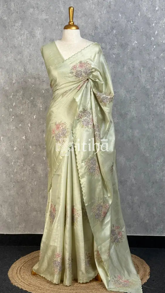 TUSSAR SILK EMBROIDERY SAREE - PASTEL GREEN