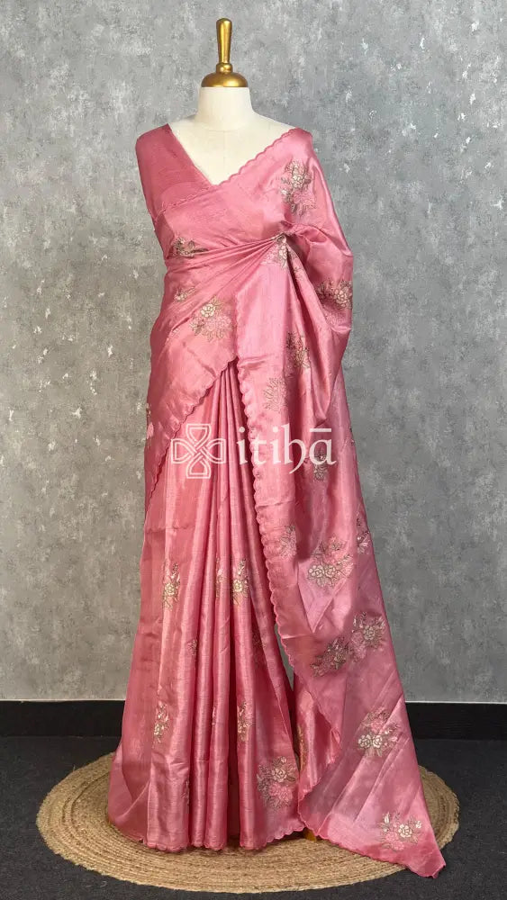 TUSSAR SILK EMBROIDERY SAREE - PASTEL PINK