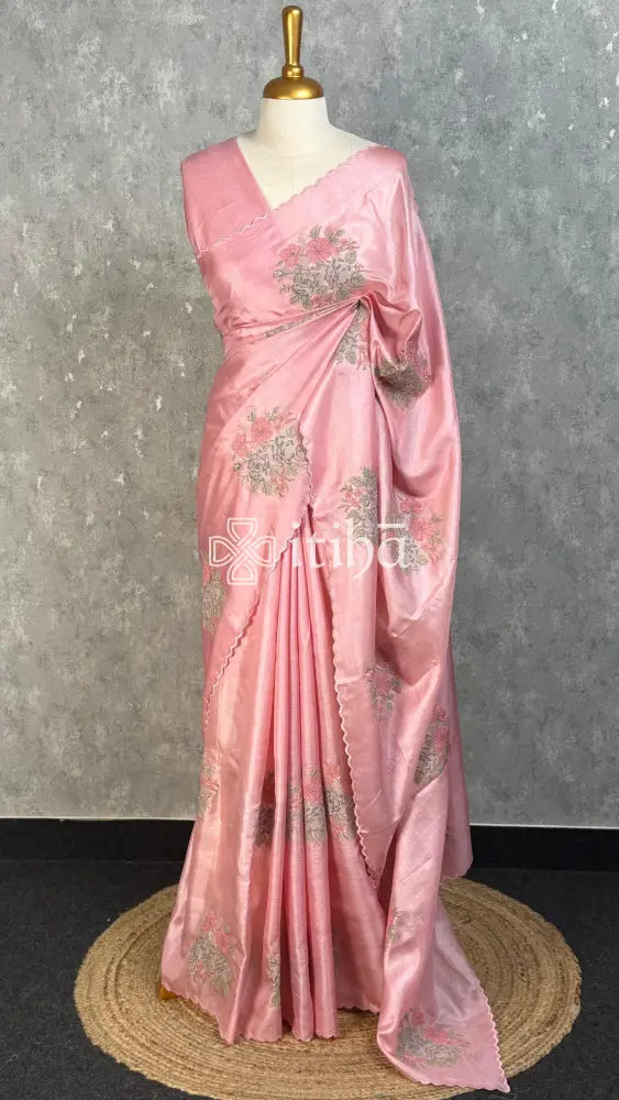 TUSSAR SILK EMBROIDERY SAREE - PEACH BLUSH PINK