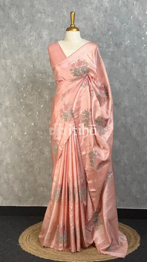TUSSAR SILK EMBROIDERY SAREE - PEACH PINK