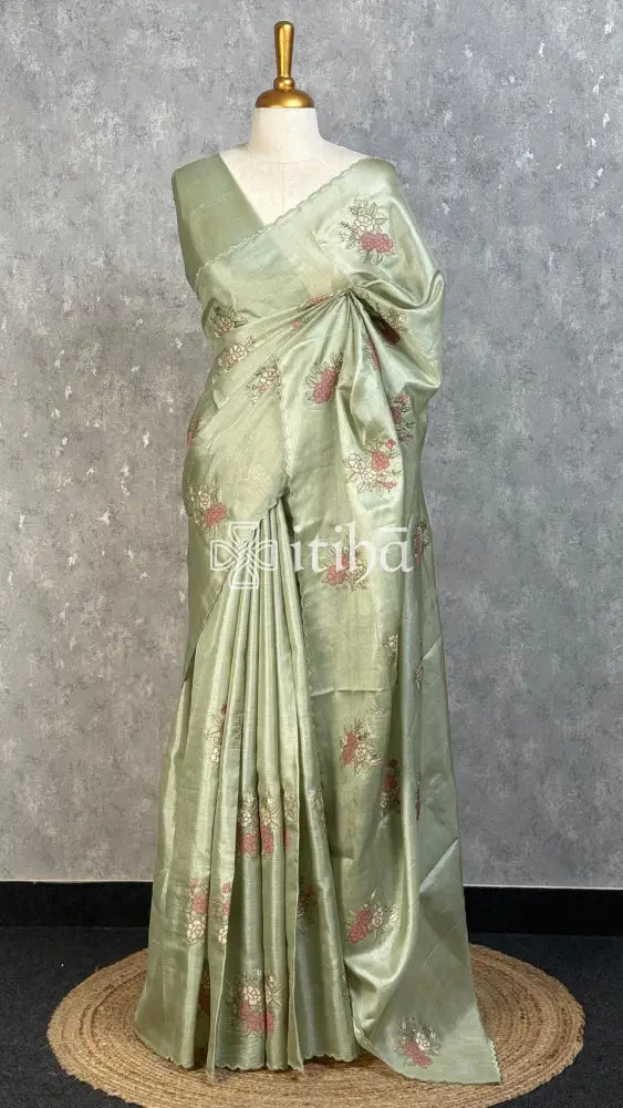 TUSSAR SILK EMBROIDERY SAREE - SAGE GREEN