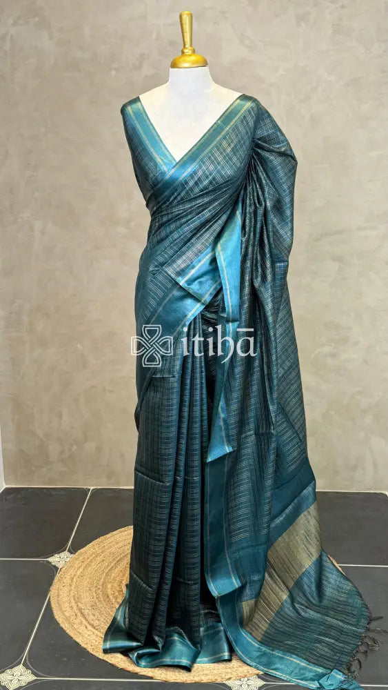 TUSSAR SILK SAREE - PEACOCK TEAL