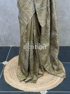 TUSSAR SILK TURKISH APPLIQUE EMBROIDERY SAREE - DUSTY OLIVE GREEN