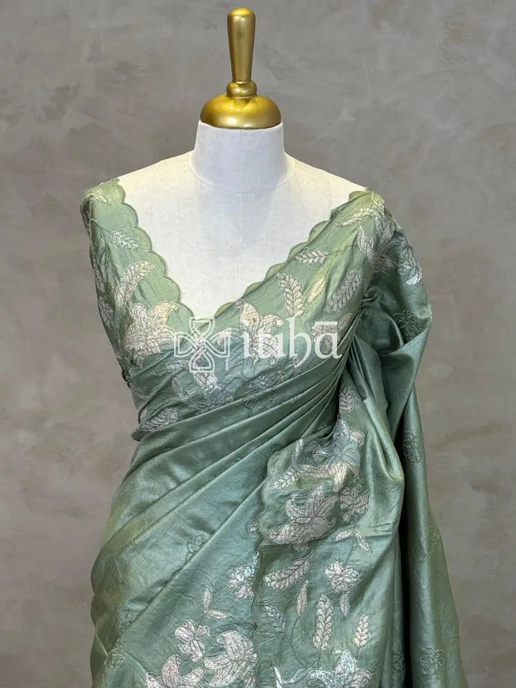 TUSSAR SILK TURKISH APPLIQUE EMBROIDERY SAREE