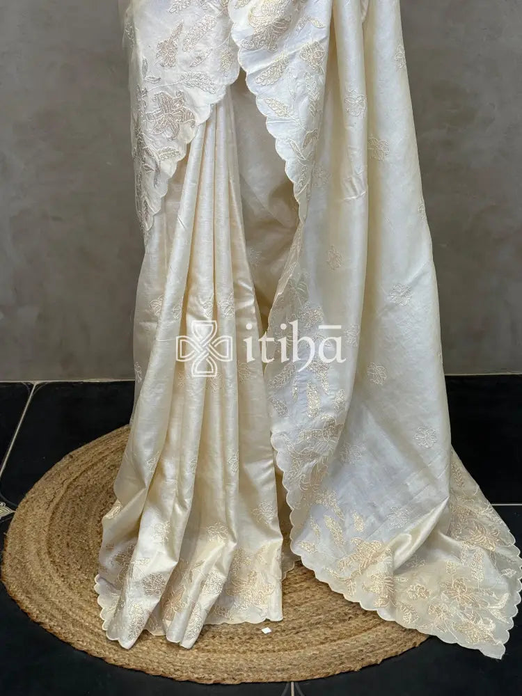TUSSAR SILK TURKISH APPLIQUE EMBROIDERY SAREE - OFF WHITE