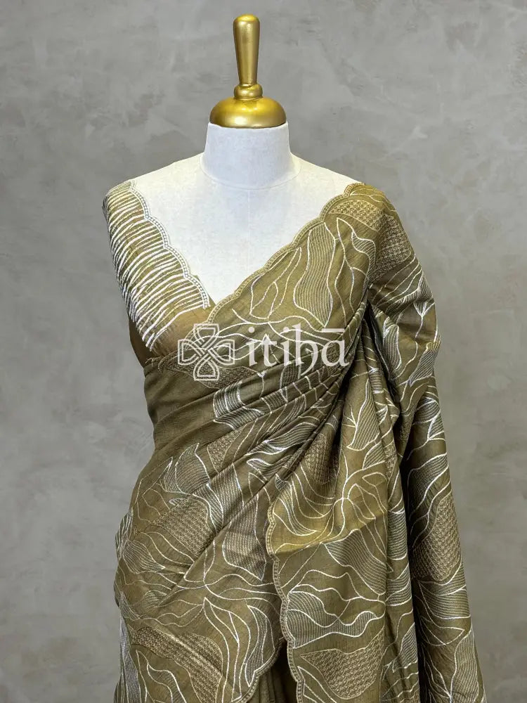TUSSAR SILK TURKISH APPLIQUE EMBROIDERY SAREE - DUSTY OLIVE GREEN