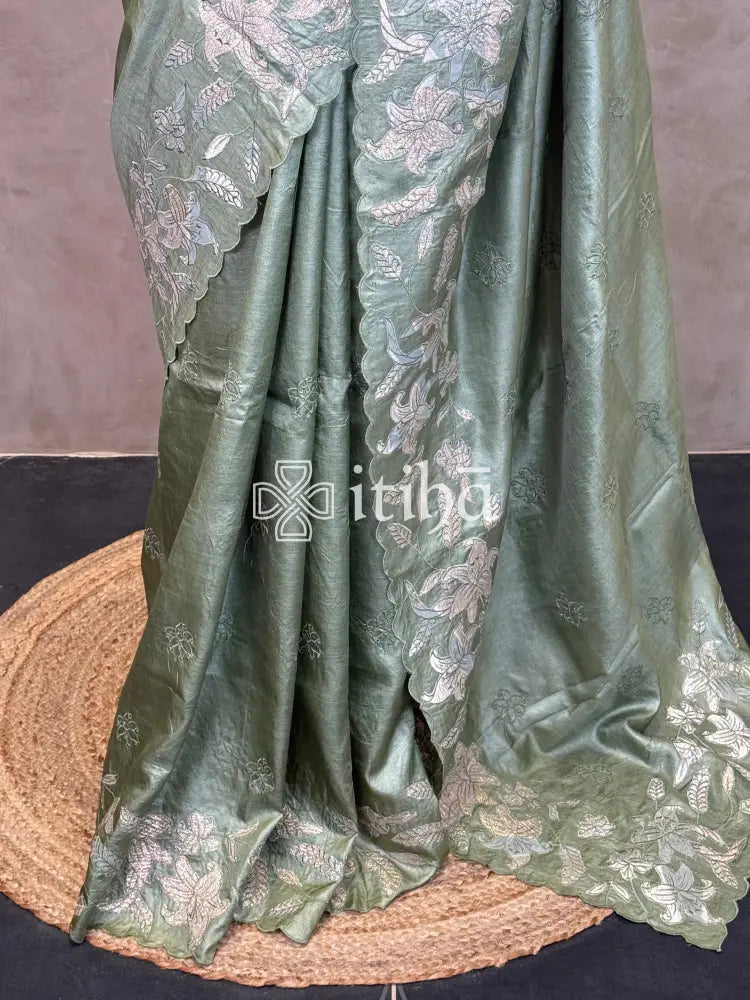 TUSSAR SILK TURKISH APPLIQUE EMBROIDERY SAREE