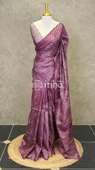 TUSSAR SILK TURKISH APPLIQUE EMBROIDERY SAREE - DEEP MAUVE
