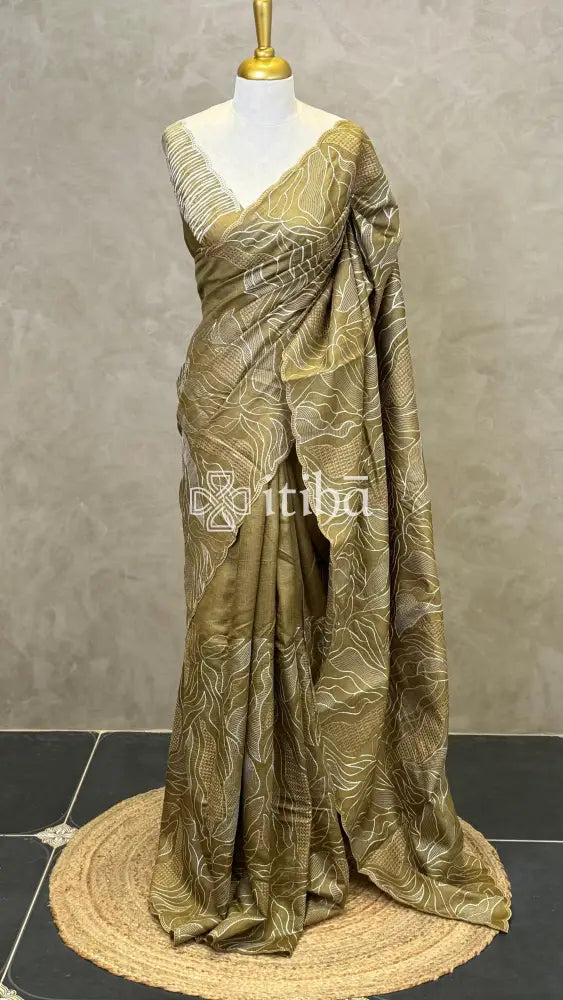 TUSSAR SILK TURKISH APPLIQUE EMBROIDERY SAREE - DUSTY OLIVE GREEN