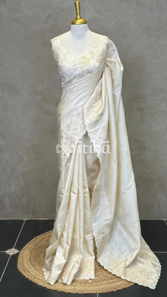 TUSSAR SILK TURKISH APPLIQUE EMBROIDERY SAREE - OFF WHITE
