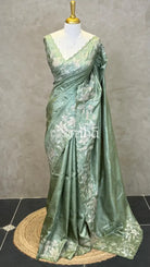 TUSSAR SILK TURKISH APPLIQUE EMBROIDERY SAREE - PASTEL SAGE GREEN