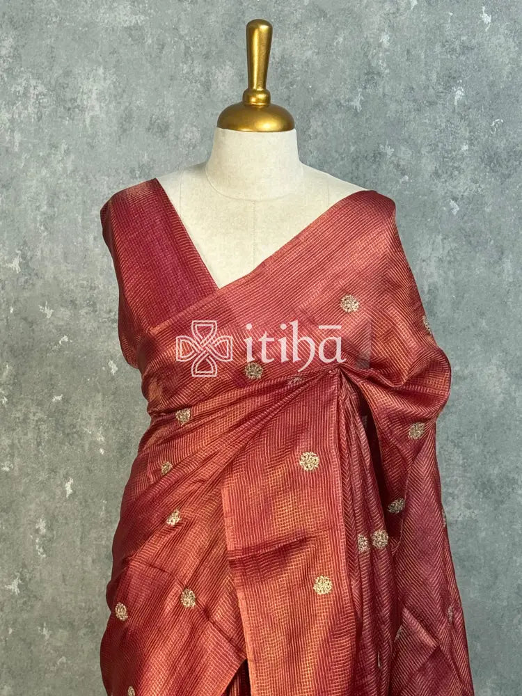 TUSSAR SILK ZARI CHECK EMBROIDERY SAREE