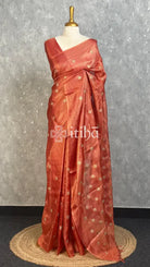 TUSSAR SILK ZARI CHECK EMBROIDERY SAREE - CORAL ORANGE