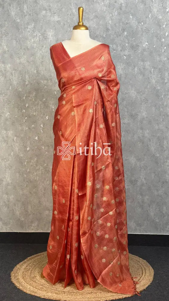 TUSSAR SILK ZARI CHECK EMBROIDERY SAREE - CORAL ORANGE