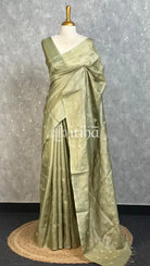 TUSSAR SILK ZARI CHECK EMBROIDERY SAREE - DUSTY OLIVE GREEN