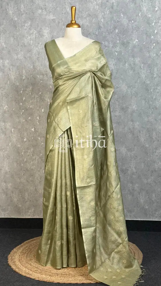 TUSSAR SILK ZARI CHECK EMBROIDERY SAREE - DUSTY OLIVE GREEN