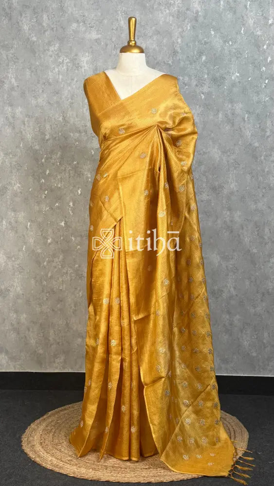 TUSSAR SILK ZARI CHECK EMBROIDERY SAREE - mustard yellow